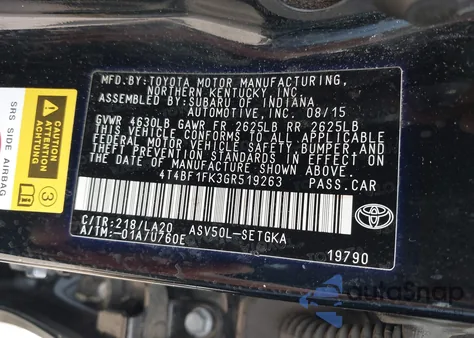 2016 Toyota Camry Xle из США, поврежденный, VIN 4T4BF1FK3GR519263